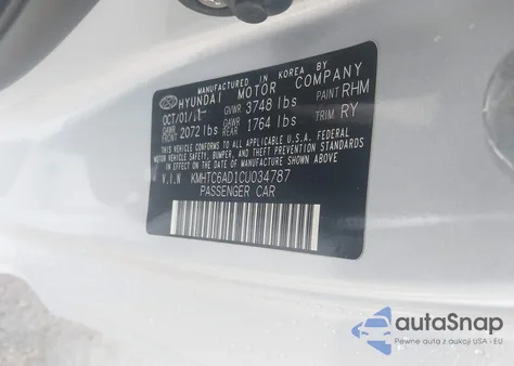 2012 Hyundai Veloster Base W/Gray z USA, uszkodzony, nr VIN KMHTC6AD1CU034787